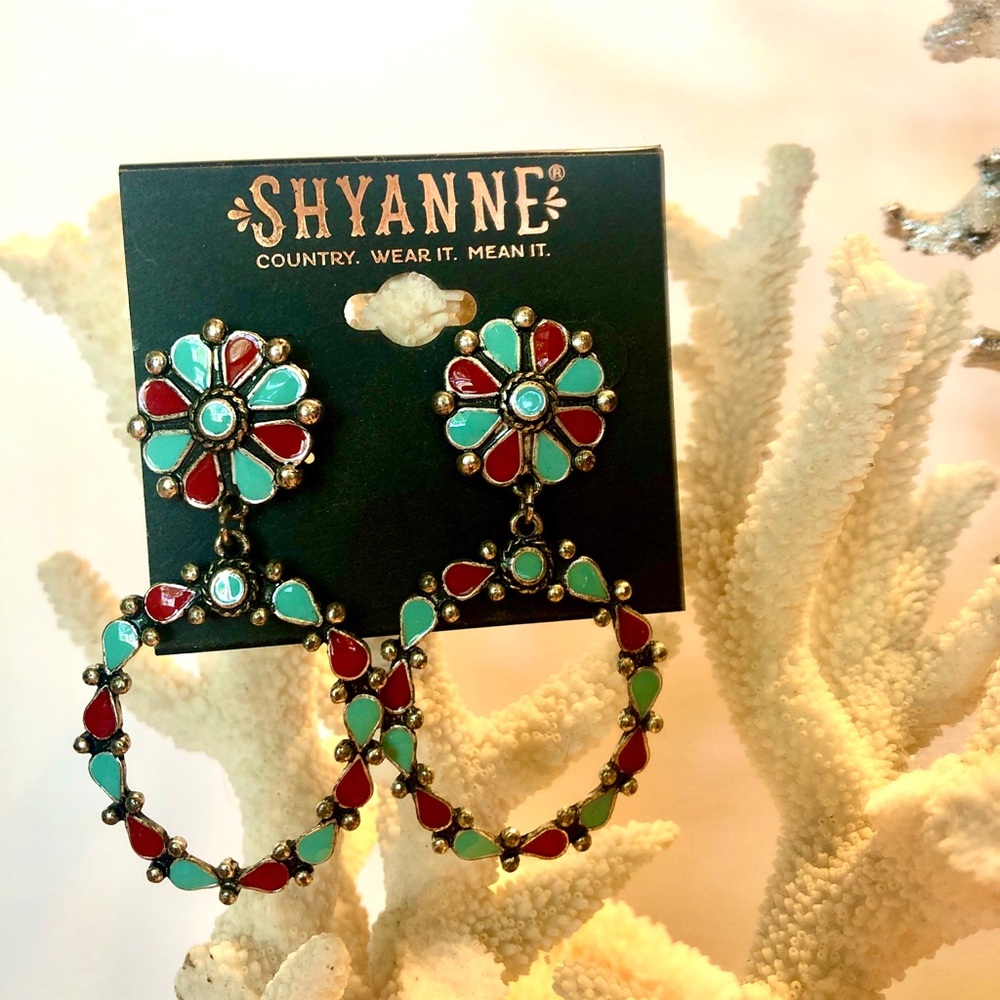 Boot Barn Shyanne Silver-tone Brick Red & Turquoise Floral Hoop Drop Earrings